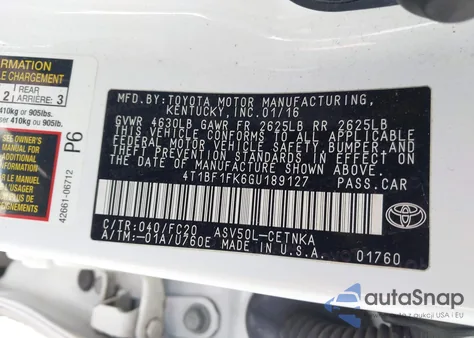 2016 Toyota Camry Le z USA, uszkodzony, nr VIN 4T1BF1FK6GU189127